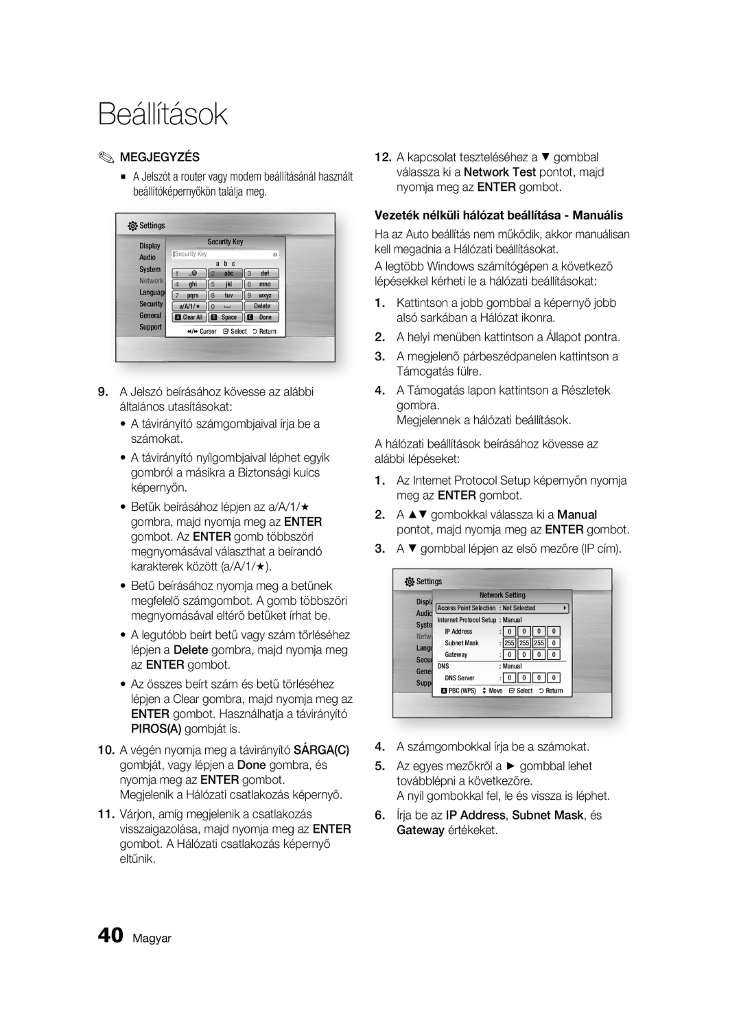 Samsung BD-C7500W/EDC Vezeték nélküli hálózat beállítása Manuális, Alsó sarkában a Hálózat ikonra, Támogatás fülre, Gombra 