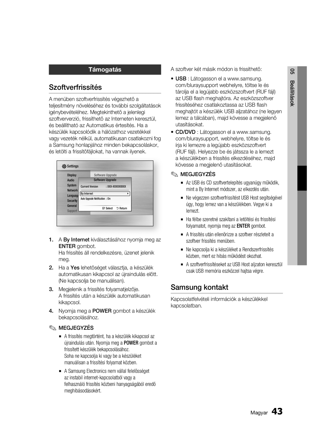 Samsung BD-C7500W/XEE manual Szoftverfrissítés, Samsung kontakt, Támogatás, Szoftver két másik módon is frissíthető 