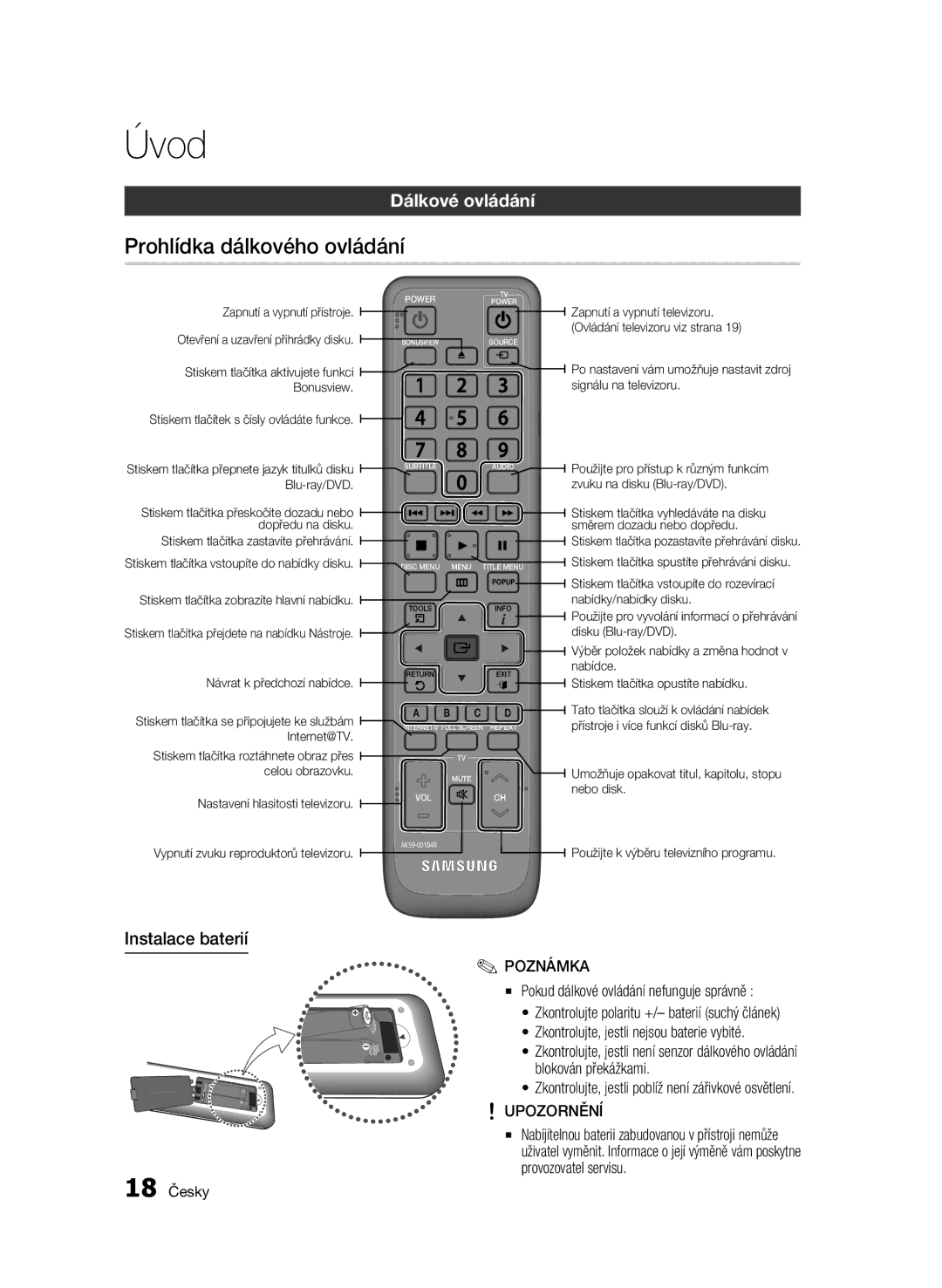 Samsung BD-C7500W/XEE, BD-C7500W/EDC manual Prohlídka dálkového ovládání, Dálkové ovládání, Instalace baterií, 18 Česky 