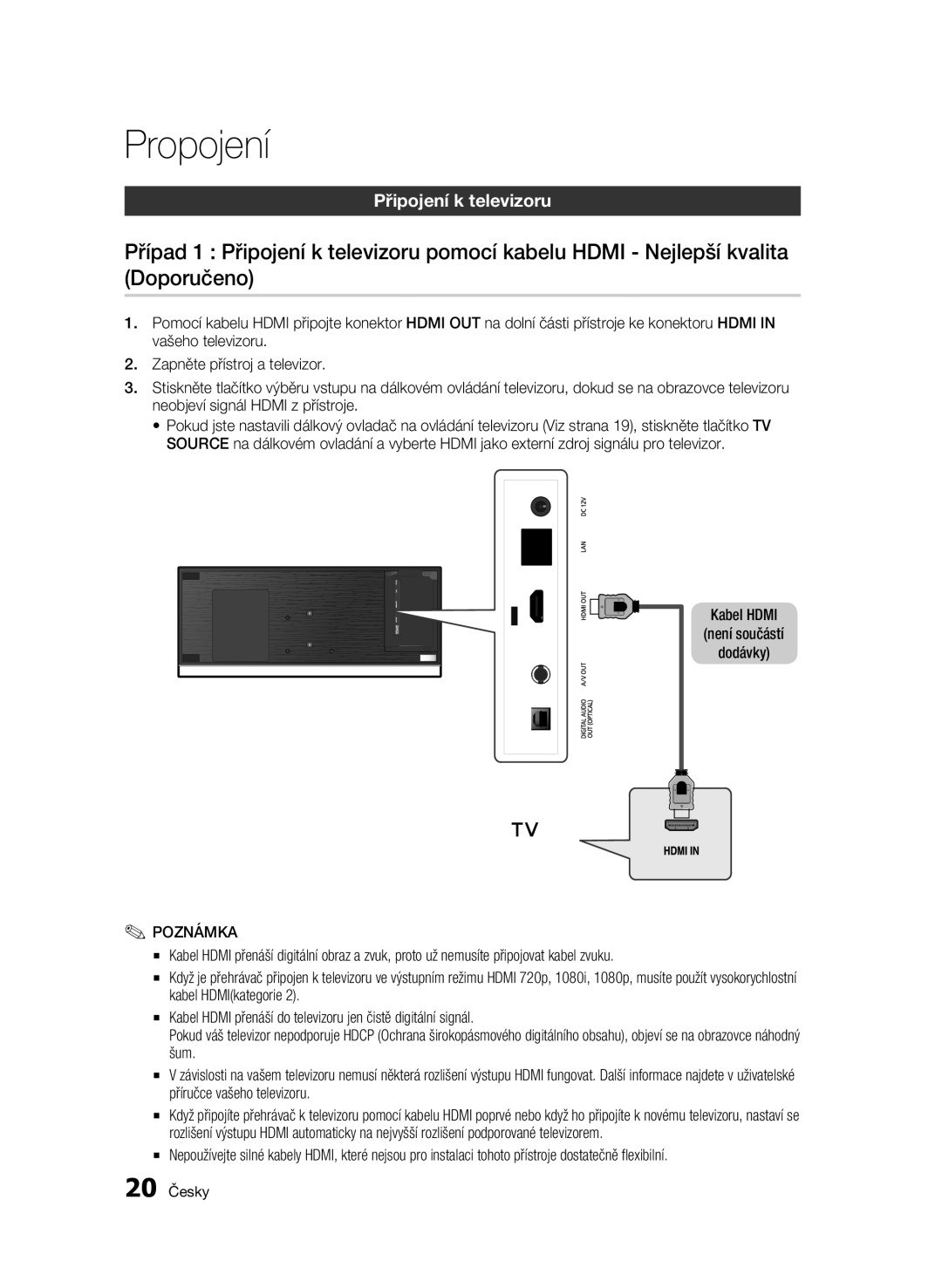 Samsung BD-C7500W/XEE, BD-C7500W/EDC manual Propojení, Připojení k televizoru, 20 Česky 