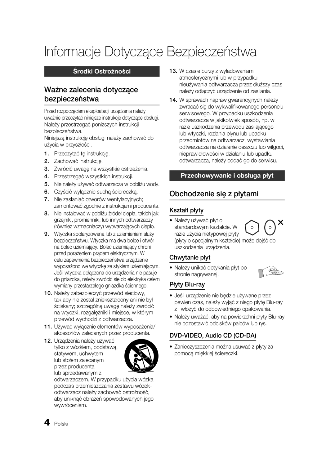 Samsung BD-C7500W/XEE manual Ważne zalecenia dotyczące bezpieczeństwa, Obchodzenie się z płytami, Środki Ostrożności 