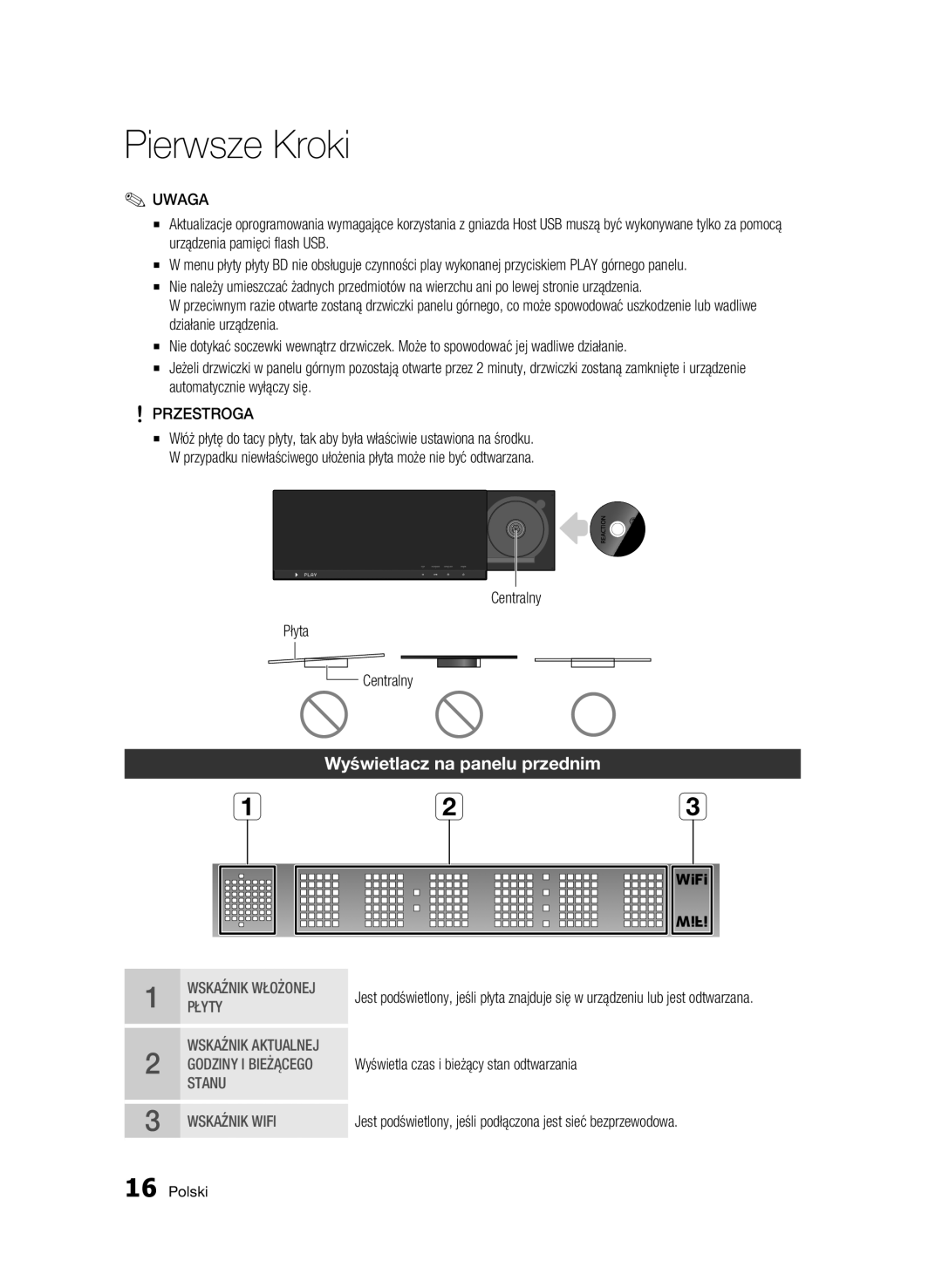 Samsung BD-C7500W/XEE, BD-C7500W/EDC manual Wyświetlacz na panelu przednim, Przestroga, Centralny Płyta 