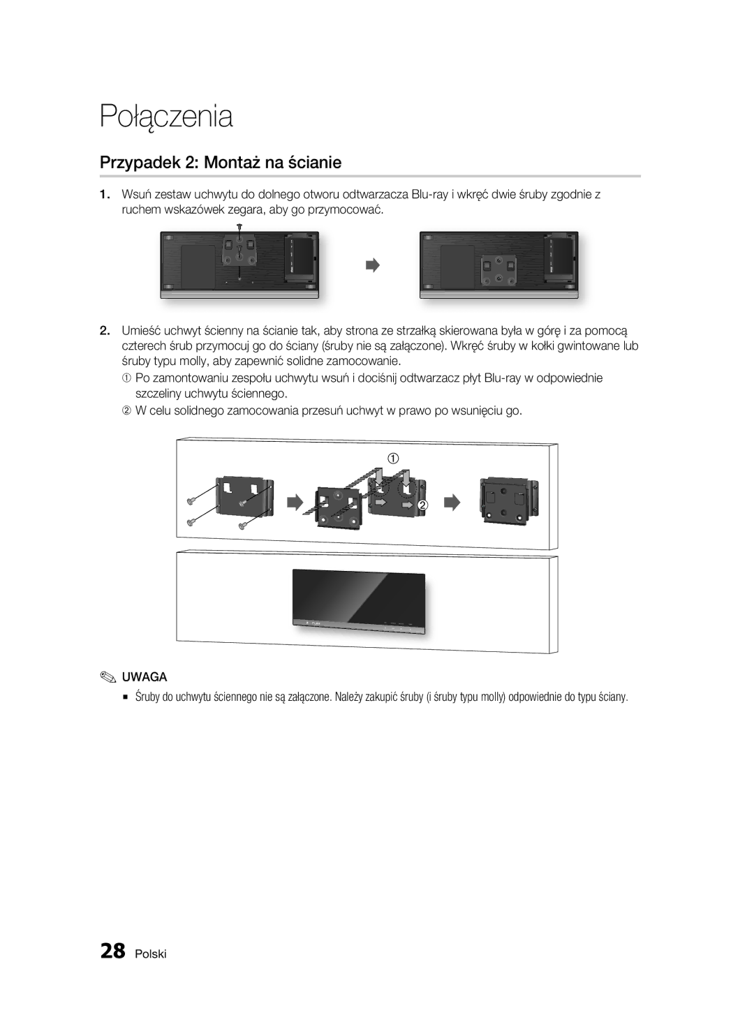 Samsung BD-C7500W/XEE, BD-C7500W/EDC manual Przypadek 2 Montaż na ścianie 