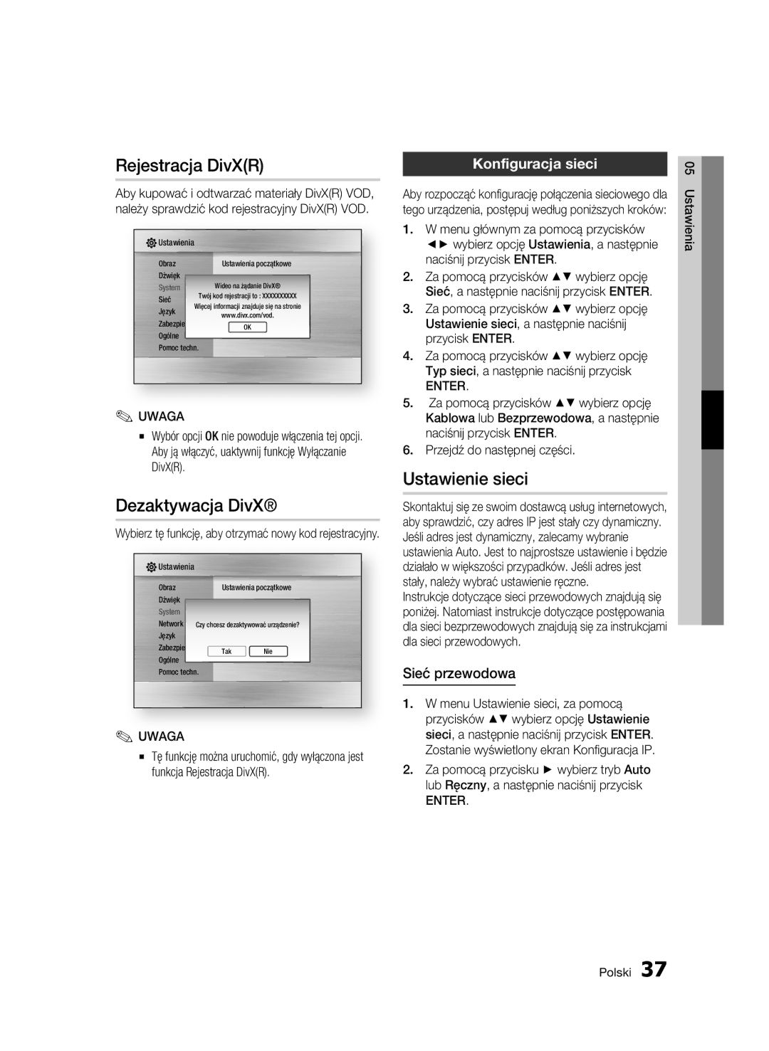 Samsung BD-C7500W/EDC manual Rejestracja DivXR, Dezaktywacja DivX, Ustawienie sieci, Konfiguracja sieci, Sieć przewodowa 