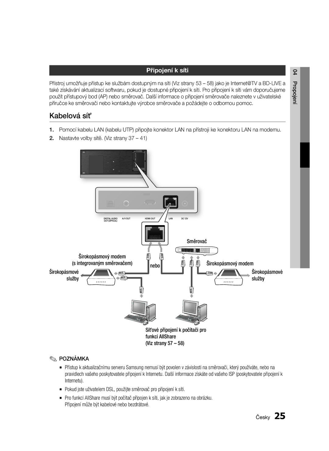 Samsung BD-C7500W/EDC manual Kabelová síť, Připojení k síti, Nastavte volby sítě. Viz strany 37, Širokopásmový modem 