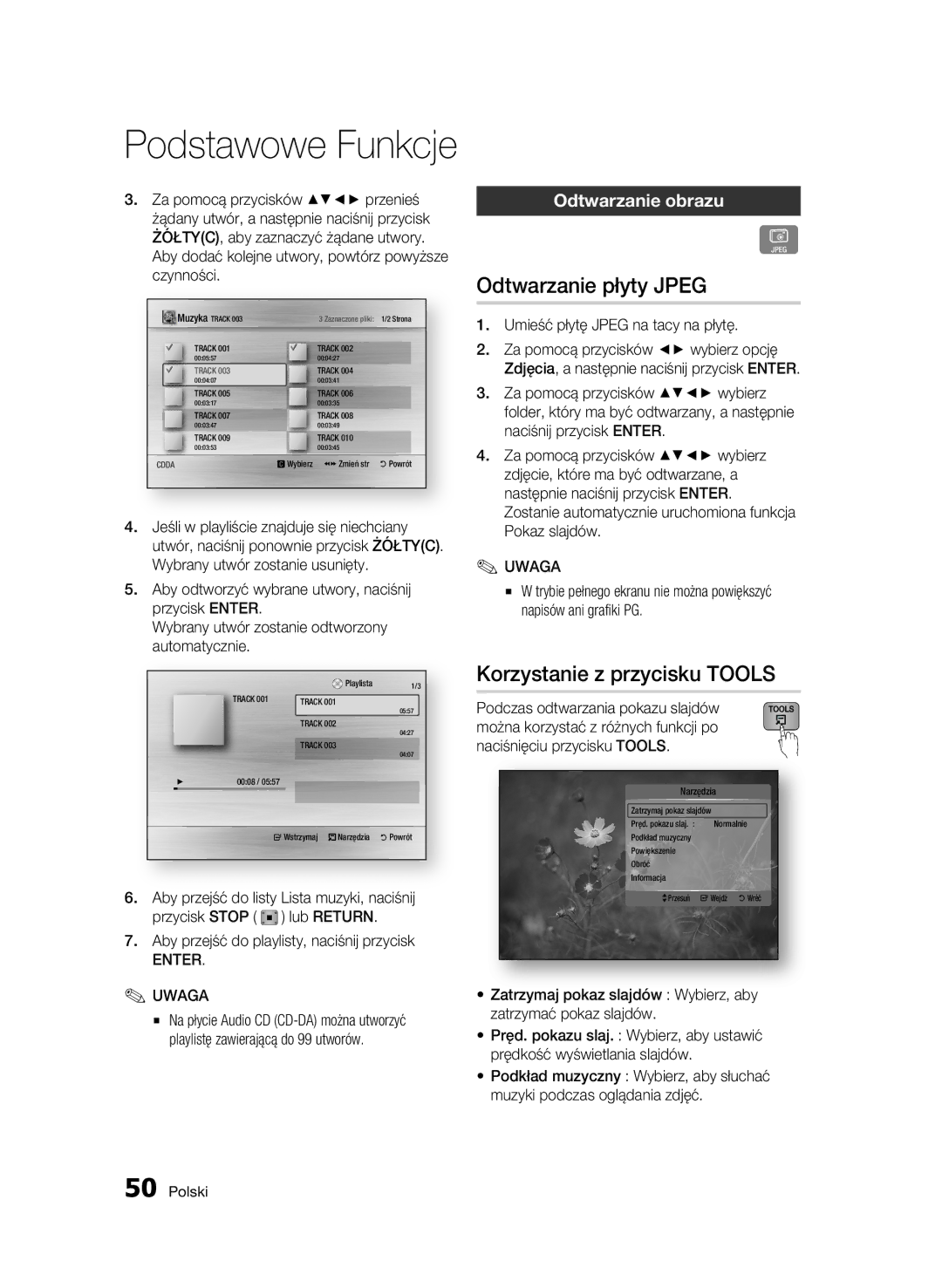 Samsung BD-C7500W/XEE, BD-C7500W/EDC manual Odtwarzanie płyty Jpeg, Korzystanie z przycisku Tools, Odtwarzanie obrazu 