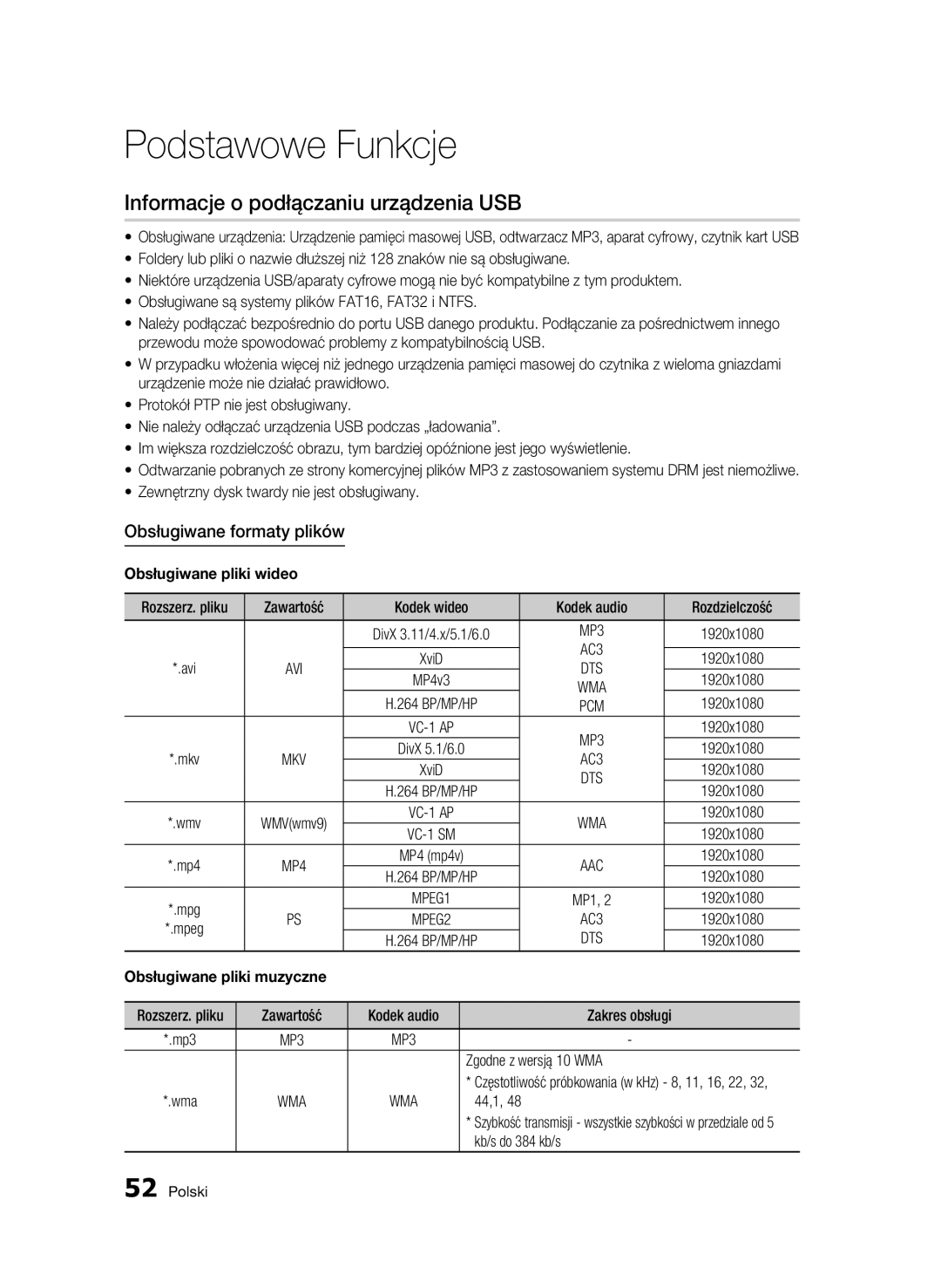 Samsung BD-C7500W/XEE manual Podstawowe Funkcje, Informacje o podłączaniu urządzenia USB, Obsługiwane formaty plików 