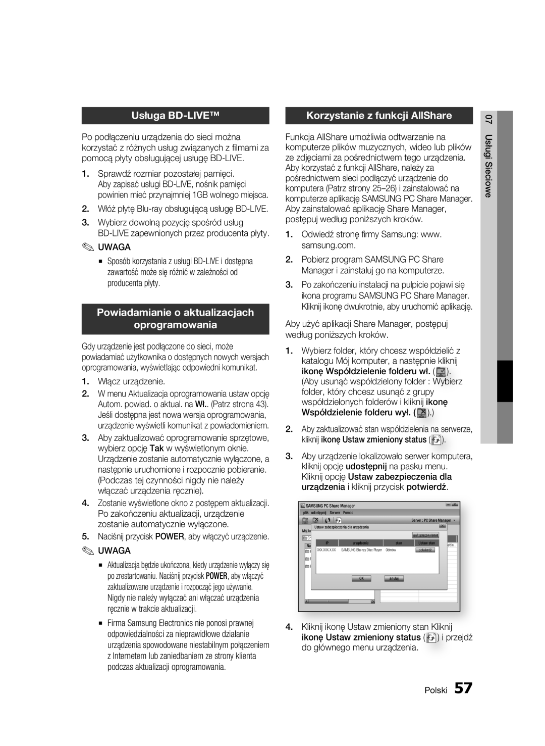 Samsung BD-C7500W/EDC manual Usługa BD-LIVE, Powiadamianie o aktualizacjach Oprogramowania, Korzystanie z funkcji AllShare 