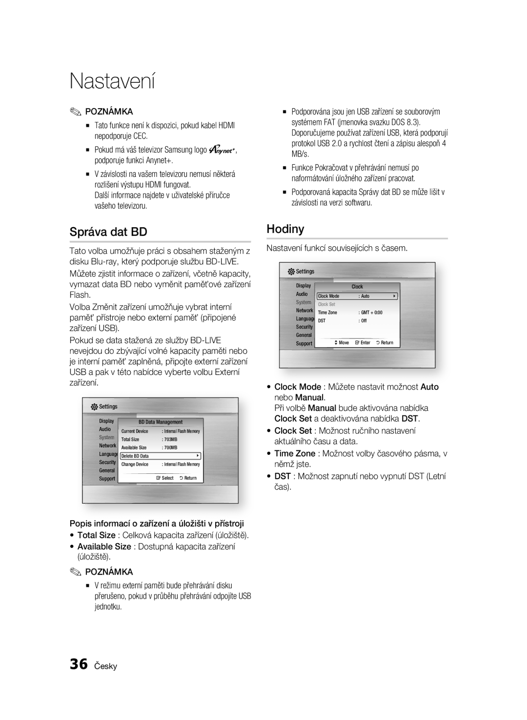 Samsung BD-C7500W/XEE, BD-C7500W/EDC manual Správa dat BD, Hodiny, Nastavení funkcí souvisejících s časem, 36 Česky 