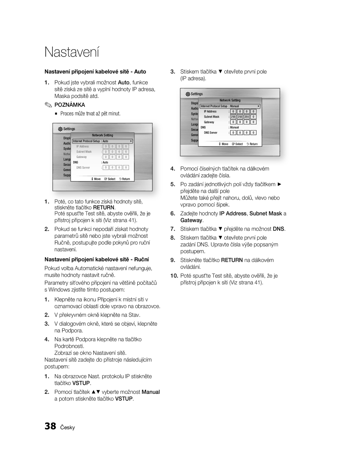 Samsung BD-C7500W/XEE, BD-C7500W/EDC manual Nastavení připojení kabelové sítě Auto, Proces může trvat až pět minut 