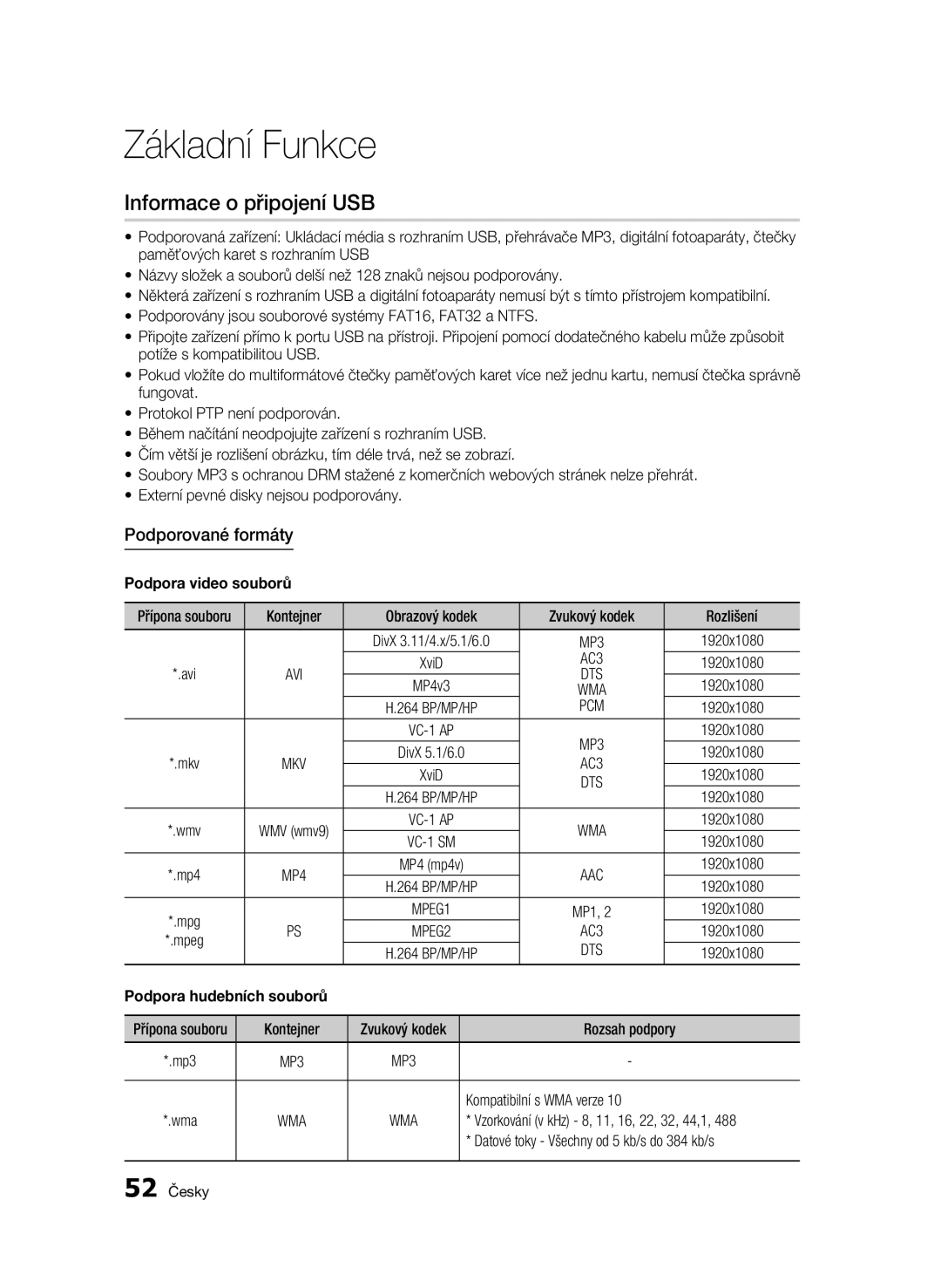 Samsung BD-C7500W/XEE Informace o připojení USB, Podporované formáty, Podpora video souborů, AC3, Kompatibilní s WMA verze 