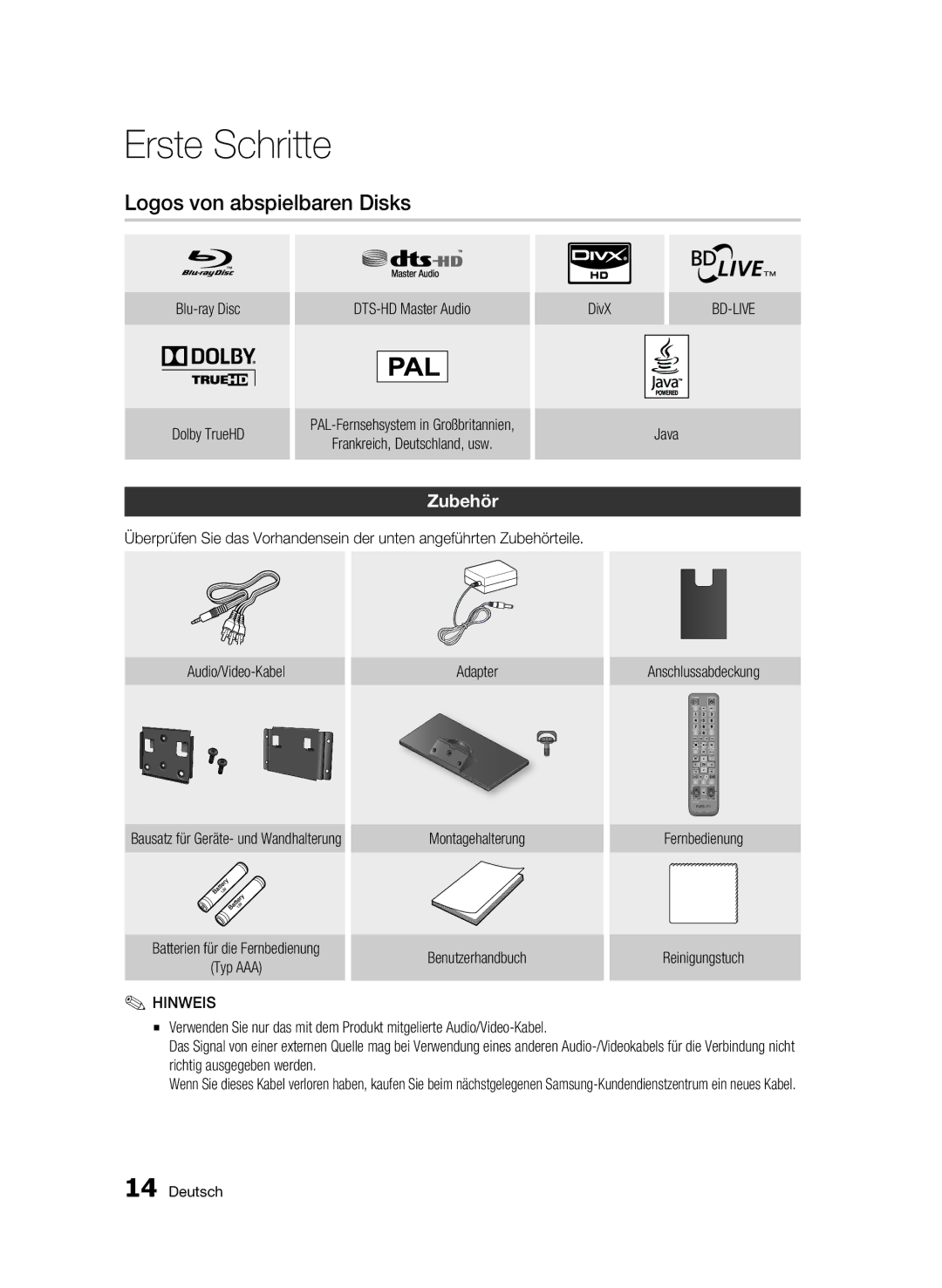 Samsung BD-C7500W/EDC, BD-C7500W/XEE manual Logos von abspielbaren Disks, Zubehör, Montagehalterung, Benutzerhandbuch 