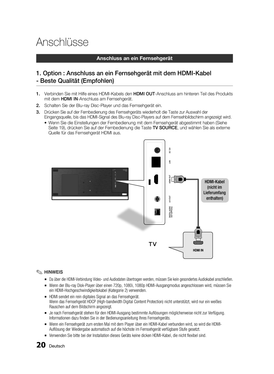 Samsung BD-C7500W/EDC, BD-C7500W/XEE manual Anschlüsse, Anschluss an ein Fernsehgerät 