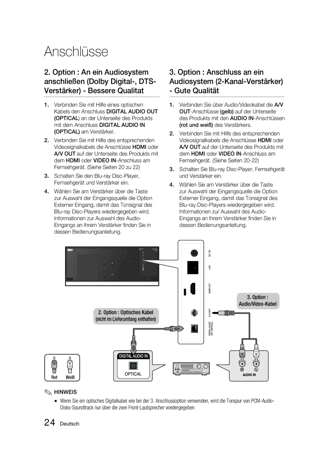 Samsung BD-C7500W/EDC, BD-C7500W/XEE manual Option Audio/Video-Kabel, Rot Weiß 