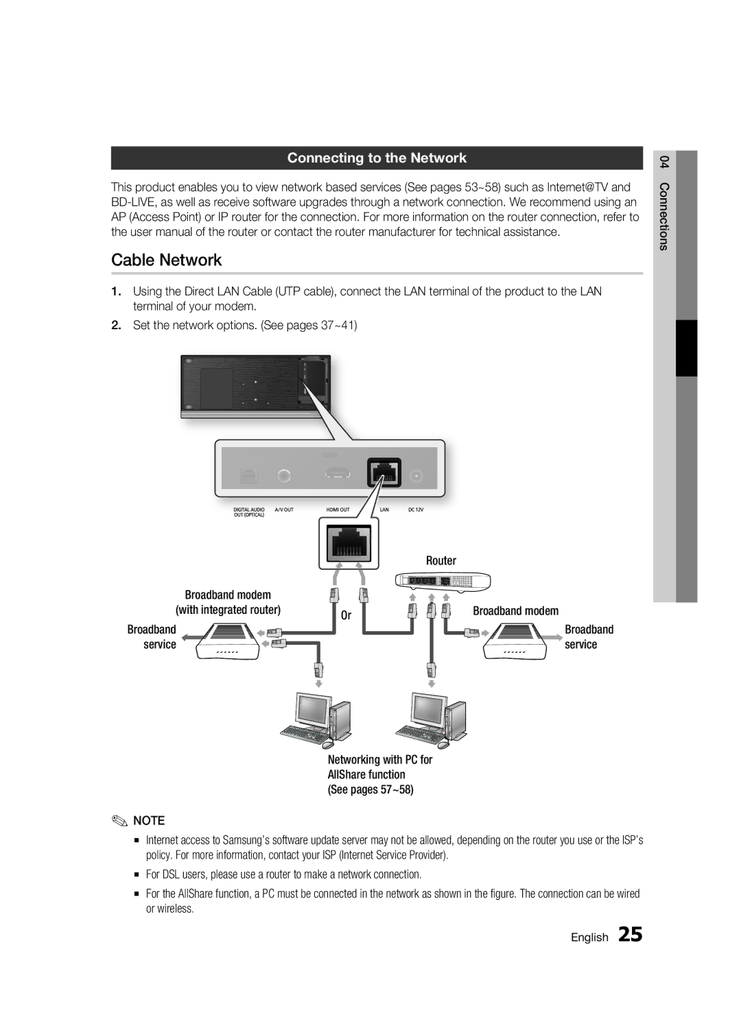 Samsung BD-C7500W/EDC Cable Network, Connecting to the Network, Broadband modem With integrated router, Service Router 