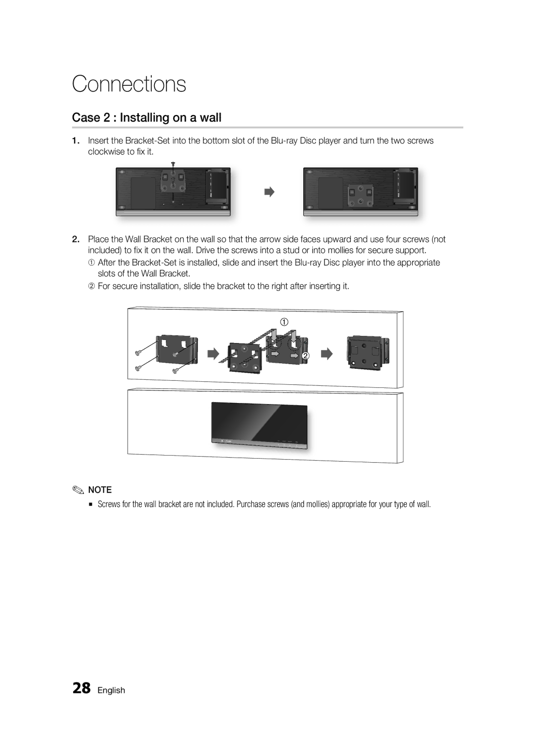 Samsung BD-C7500W/XEE, BD-C7500W/EDC manual Case 2 Installing on a wall 