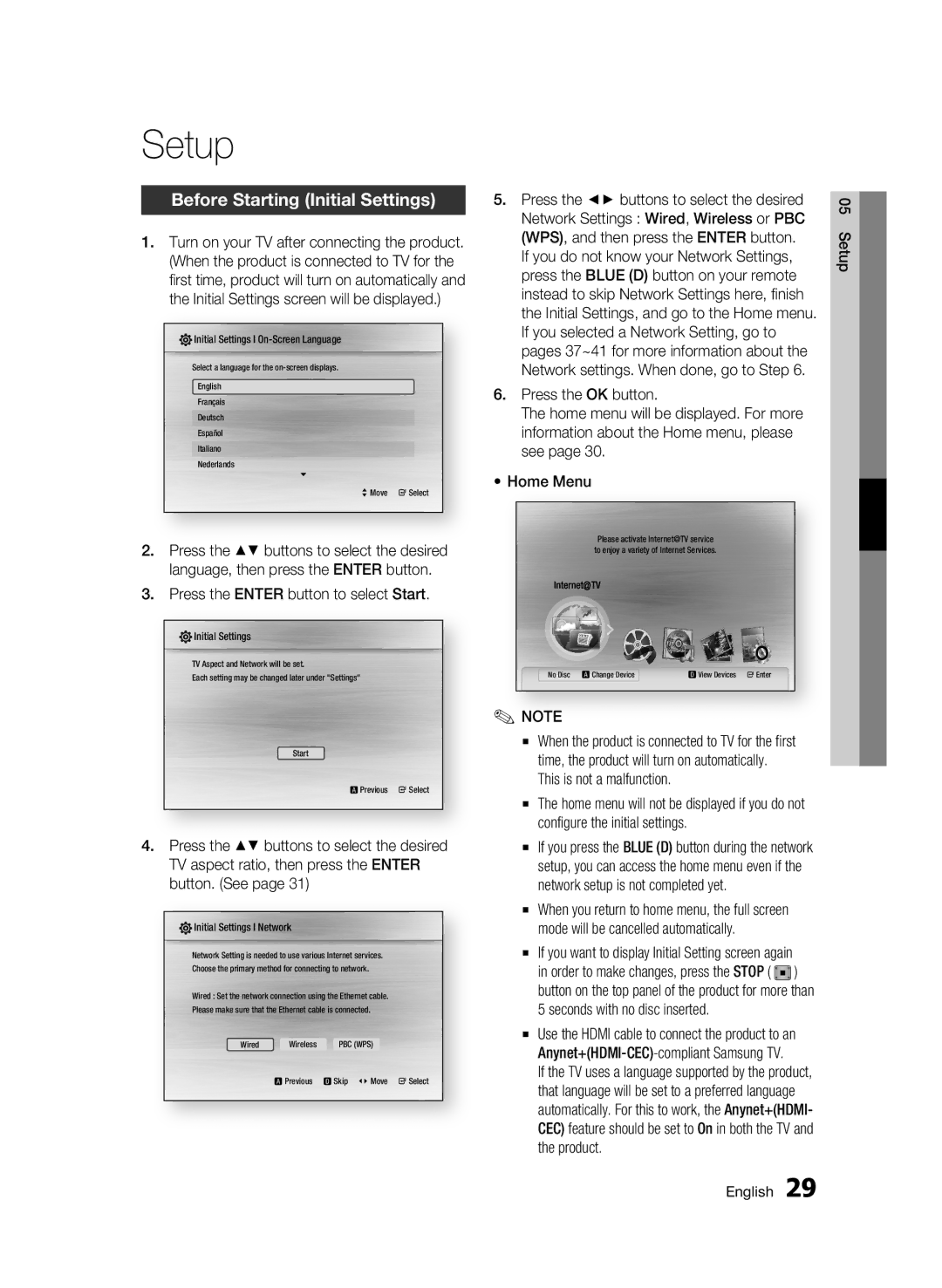 Samsung BD-C7500W/EDC, BD-C7500W/XEE manual Setup, Before Starting Initial Settings, Press the Enter button to select Start 