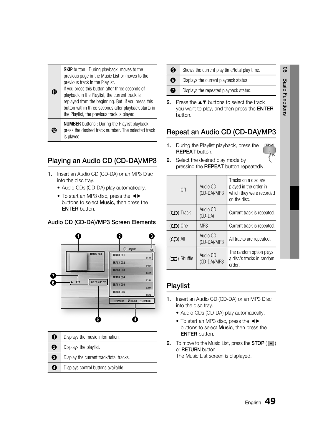 Samsung BD-C7500W/EDC, BD-C7500W/XEE manual Playing an Audio CD CD-DA/MP3, Repeat an Audio CD CD-DA/MP3, Playlist 