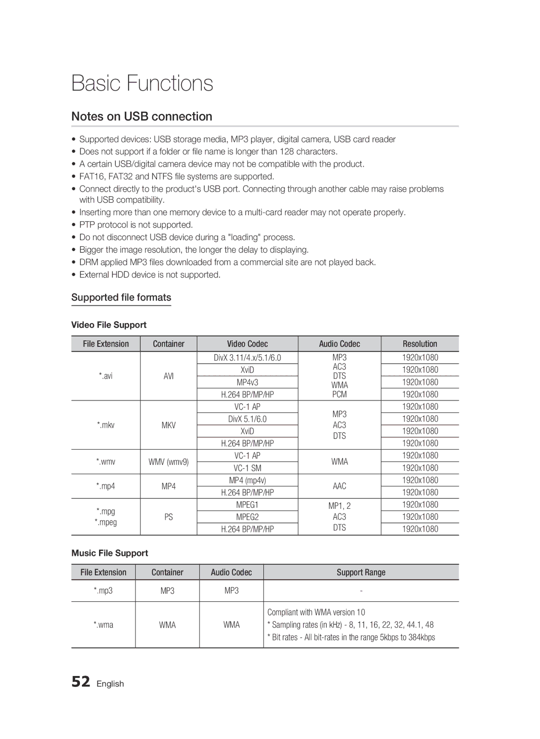 Samsung BD-C7500W/XEE, BD-C7500W/EDC manual Supported file formats, 1920x1080, Compliant with WMA version 