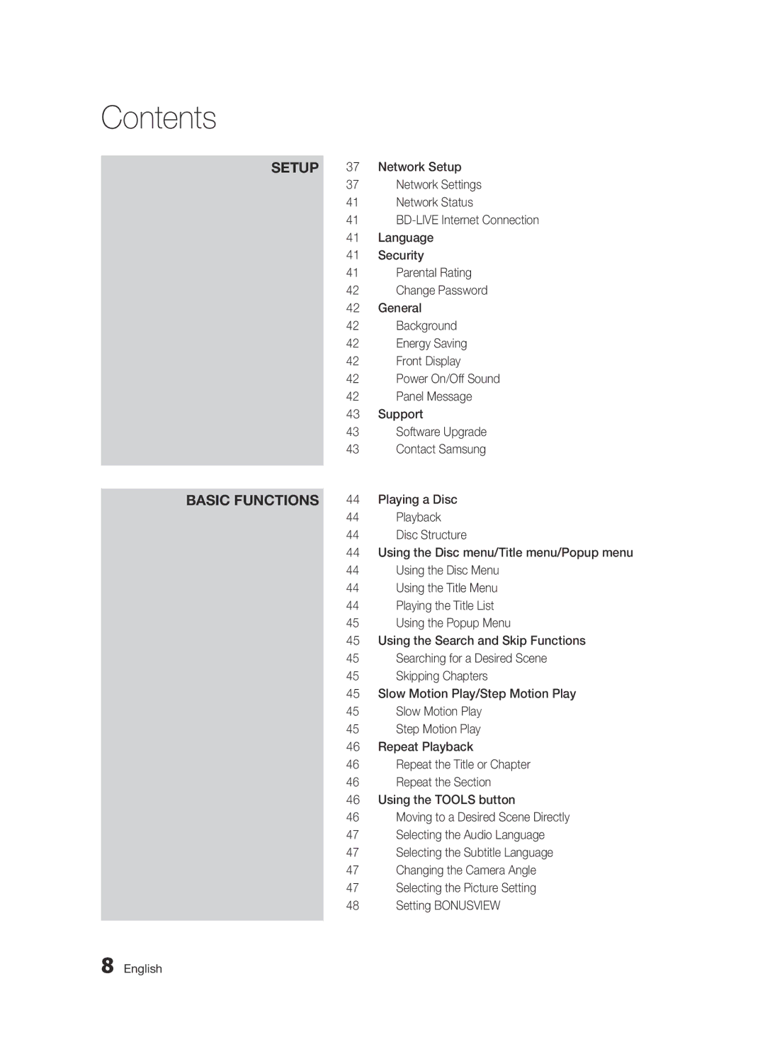 Samsung BD-C7500W/XEE Network Setup, Network Settings, Network Status, BD-LIVE Internet Connection, Language, Security 