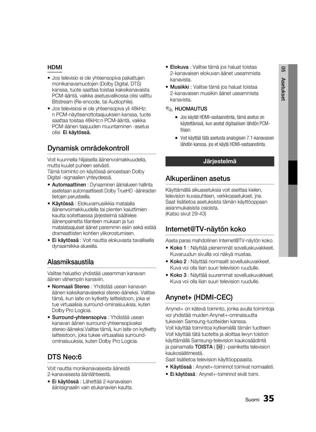 Samsung BD-C7500W/XEE Dynamisk områdekontroll, Alasmiksaustila, Alkuperäinen asetus, Internet@TV-näytön koko, Järjestelmä 