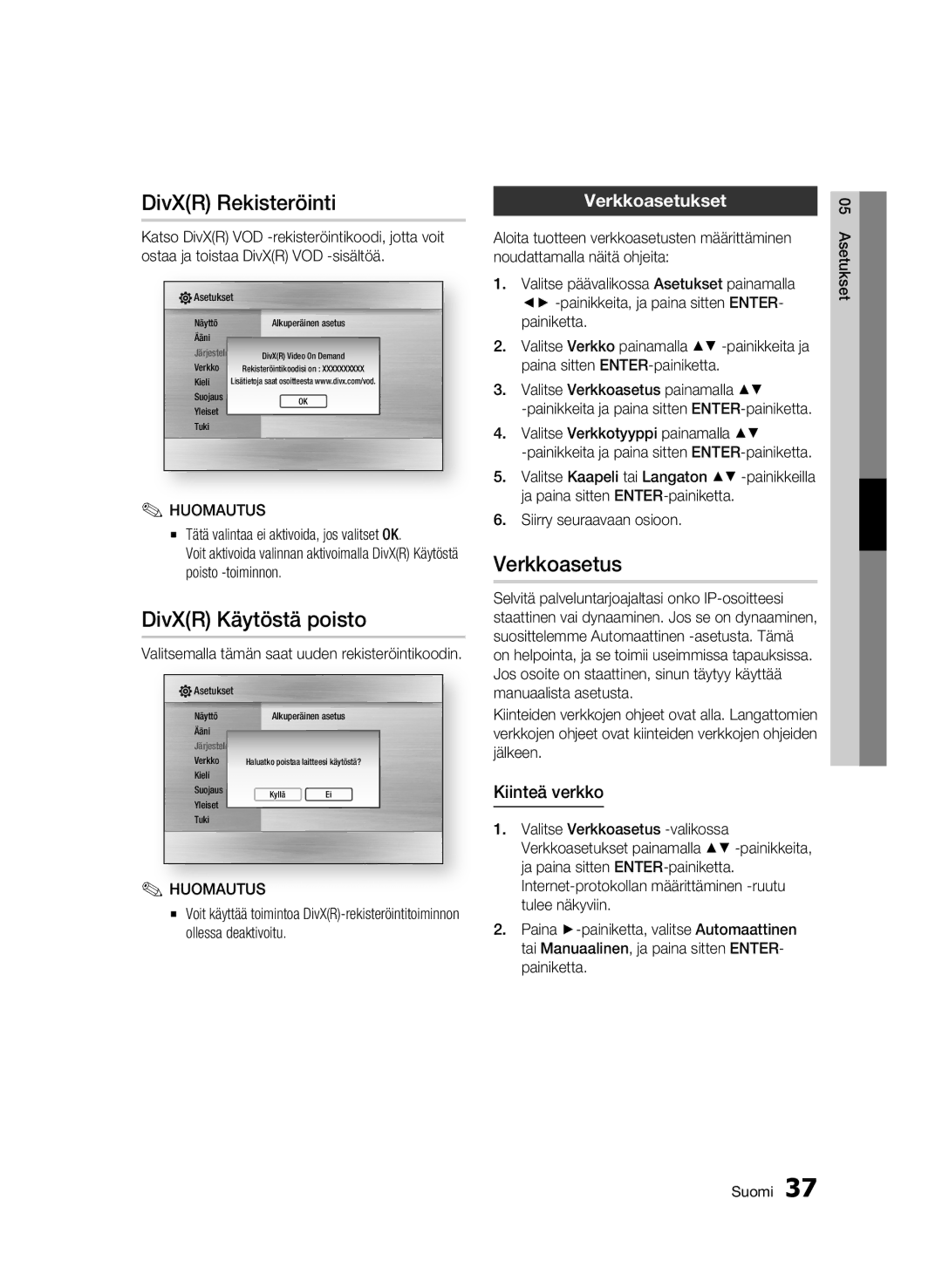 Samsung BD-C7500W/XEE manual DivXR Rekisteröinti, DivXR Käytöstä poisto, Verkkoasetus, Verkkoasetukset, Kiinteä verkko 