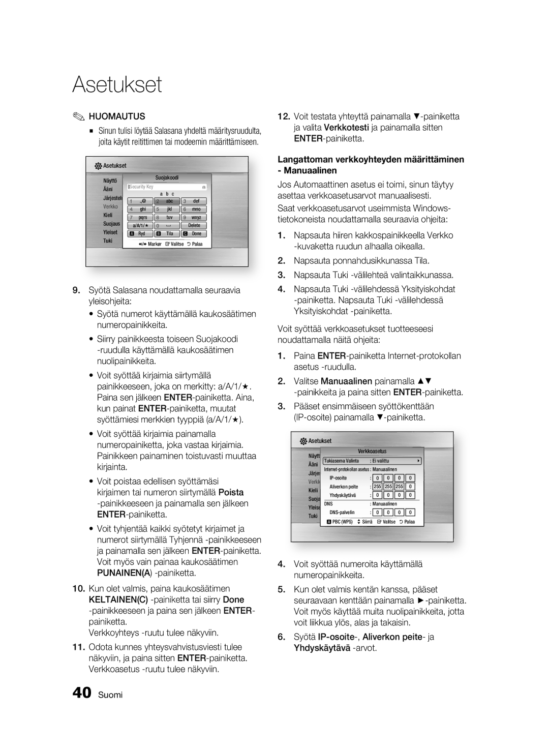 Samsung BD-C7500W/XEE manual Langattoman verkkoyhteyden määrittäminen Manuaalinen 