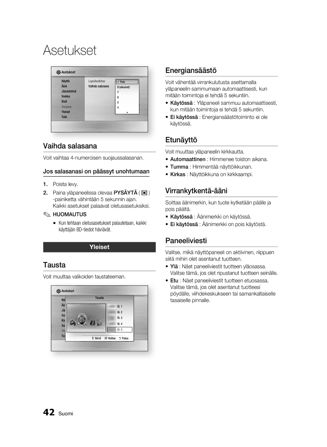 Samsung BD-C7500W/XEE manual Vaihda salasana, Tausta, Energiansäästö, Etunäyttö, Virrankytkentä-ääni, Paneeliviesti 