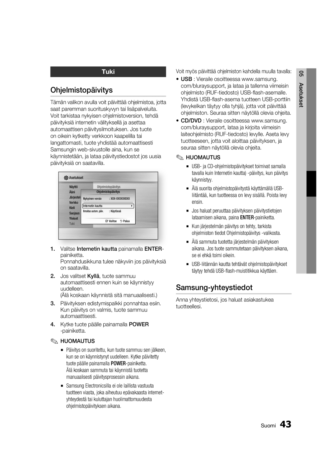 Samsung BD-C7500W/XEE manual Ohjelmistopäivitys, Samsung-yhteystiedot, Tuki 