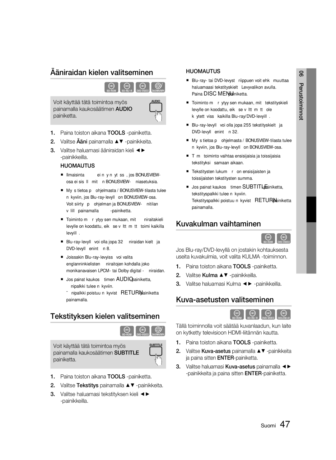 Samsung BD-C7500W/XEE manual Ääniraidan kielen valitseminen, Tekstityksen kielen valitseminen, Kuvakulman vaihtaminen 