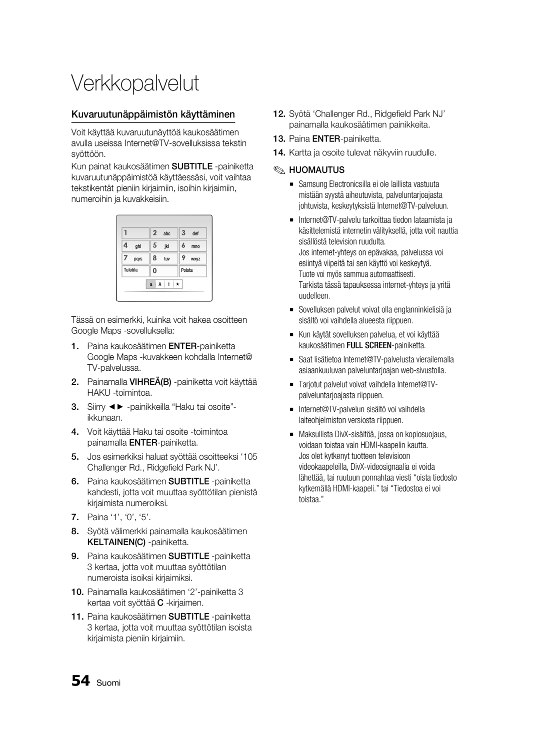 Samsung BD-C7500W/XEE manual Kuvaruutunäppäimistön käyttäminen, Huomautus 