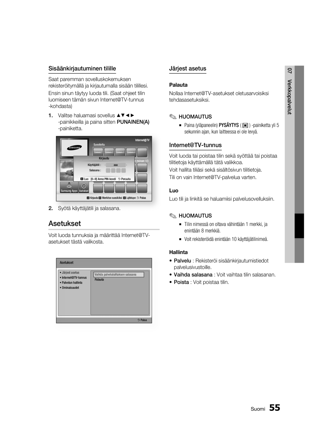 Samsung BD-C7500W/XEE manual Asetukset, Sisäänkirjautuminen tilille, Järjest asetus, Internet@TV-tunnus 