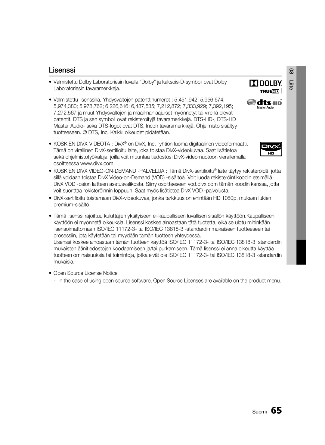 Samsung BD-C7500W/XEE manual Lisenssi 