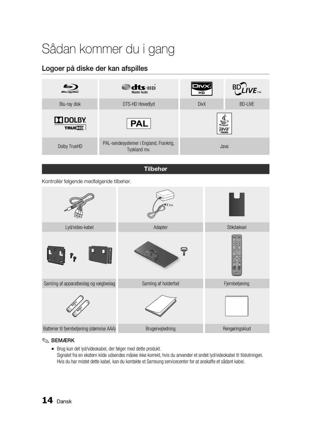 Samsung BD-C7500W/XEE manual Logoer på diske der kan afspilles, Tilbehør 