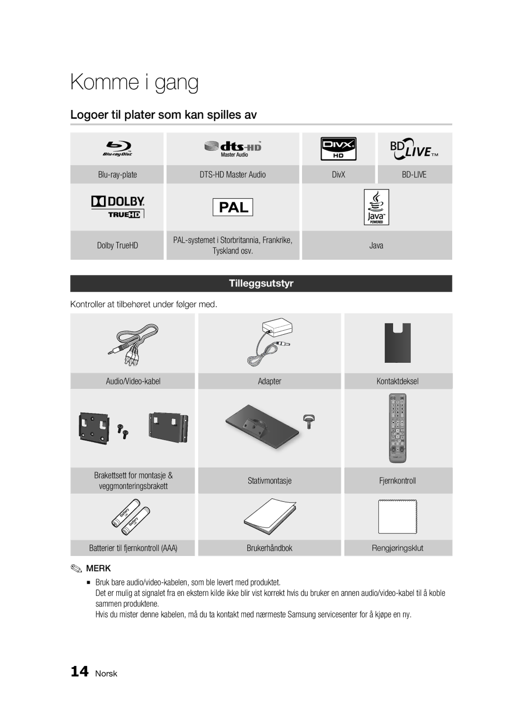 Samsung BD-C7500W/XEE manual Logoer til plater som kan spilles av, Tilleggsutstyr, Batterier til fjernkontroll AAA 