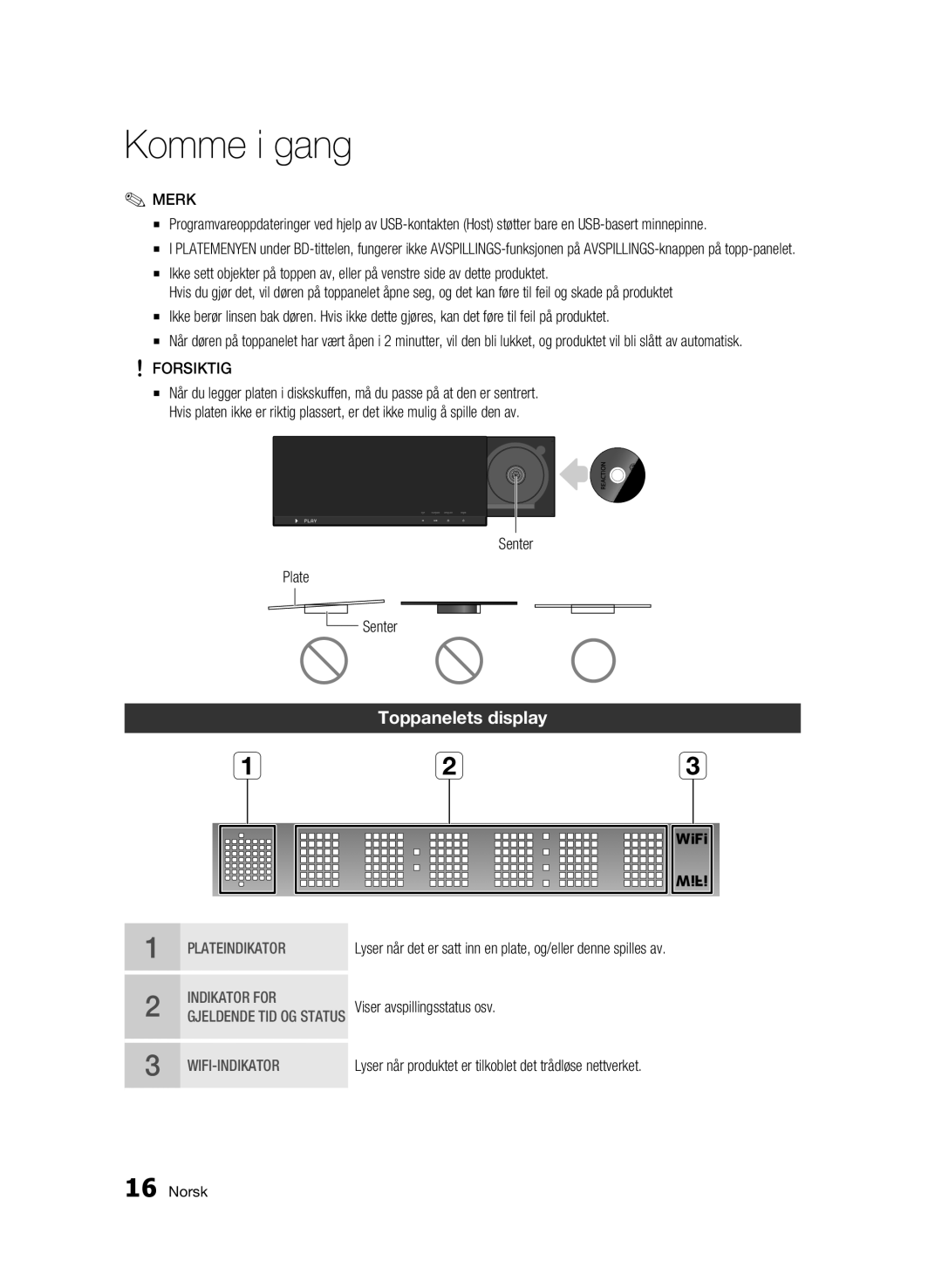 Samsung BD-C7500W/XEE manual Toppanelets display, Forsiktig, Senter Plate 