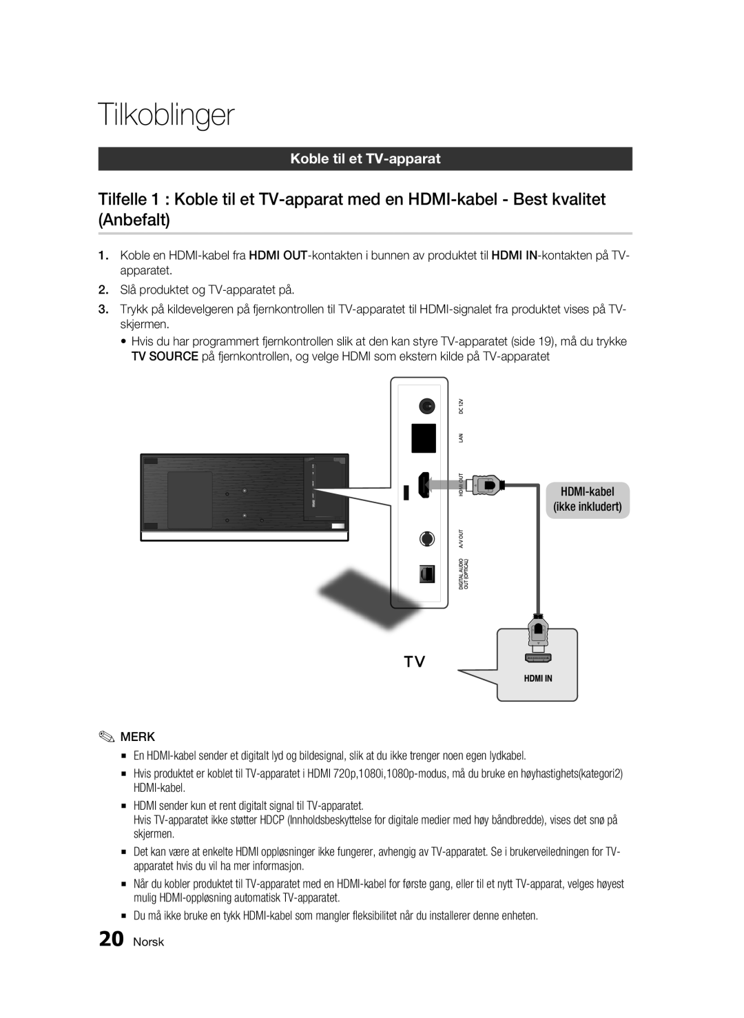 Samsung BD-C7500W/XEE manual Tilkoblinger, Koble til et TV-apparat, HDMI-kabel Ikke inkludert 