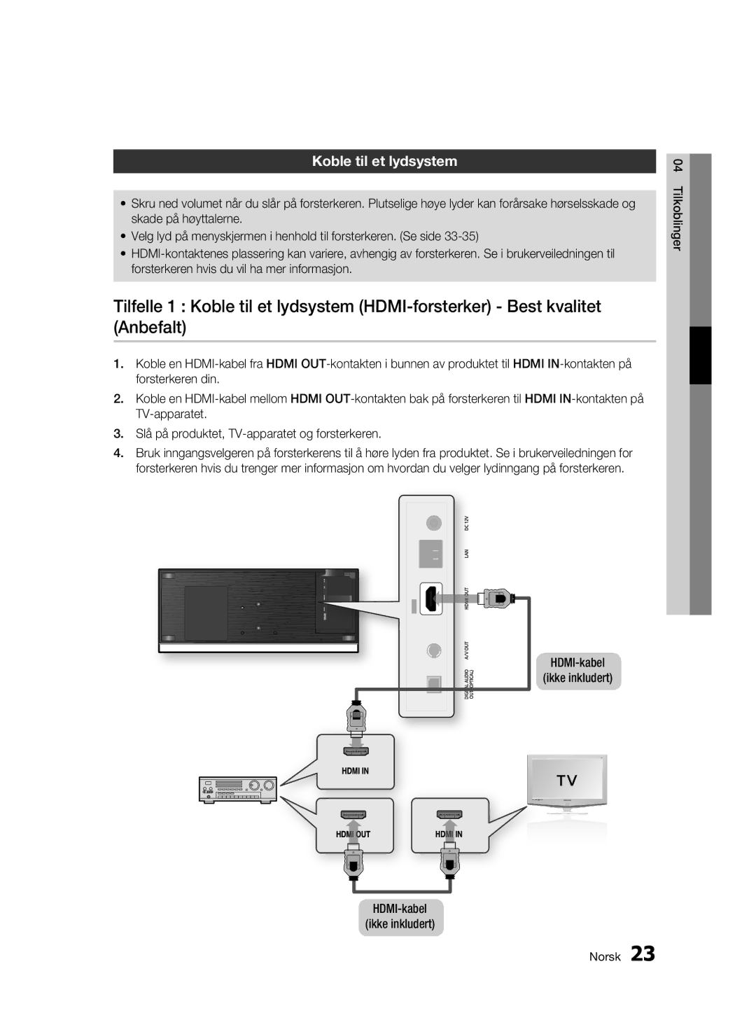 Samsung BD-C7500W/XEE manual Koble til et lydsystem, HDMI-kabel ikke inkludert 