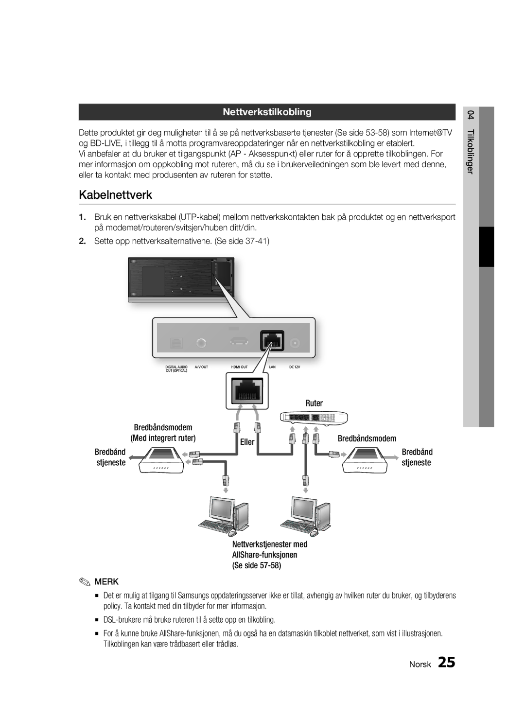 Samsung BD-C7500W/XEE manual Kabelnettverk, Nettverkstilkobling, Bredbåndsmodem Med integrert ruter, Ruter, Se side 