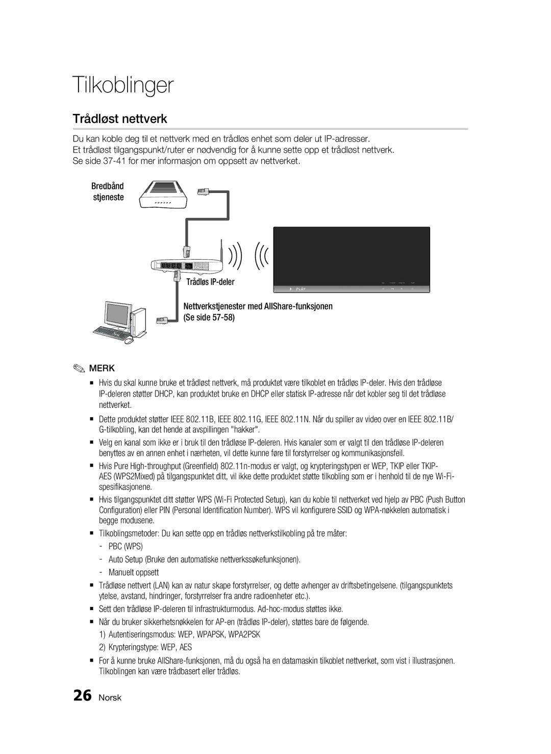 Samsung BD-C7500W/XEE manual Trådløst nettverk, Bredbånd stjeneste 