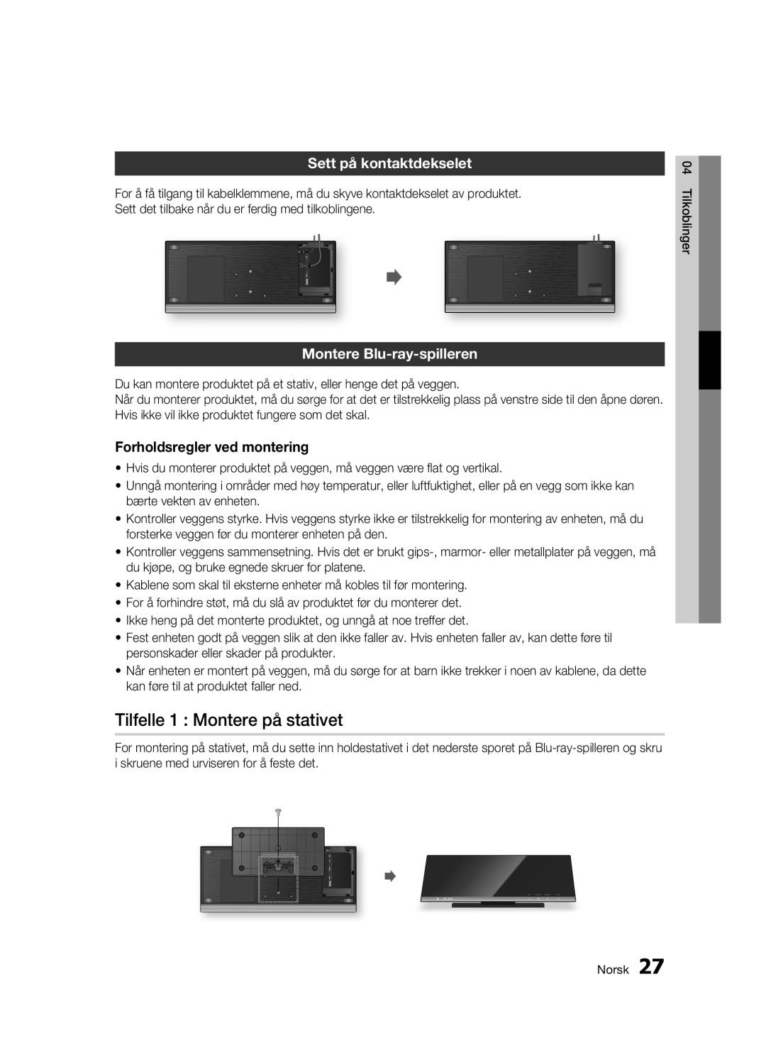 Samsung BD-C7500W/XEE manual Tilfelle 1 Montere på stativet, Sett på kontaktdekselet, Montere Blu-ray-spilleren 