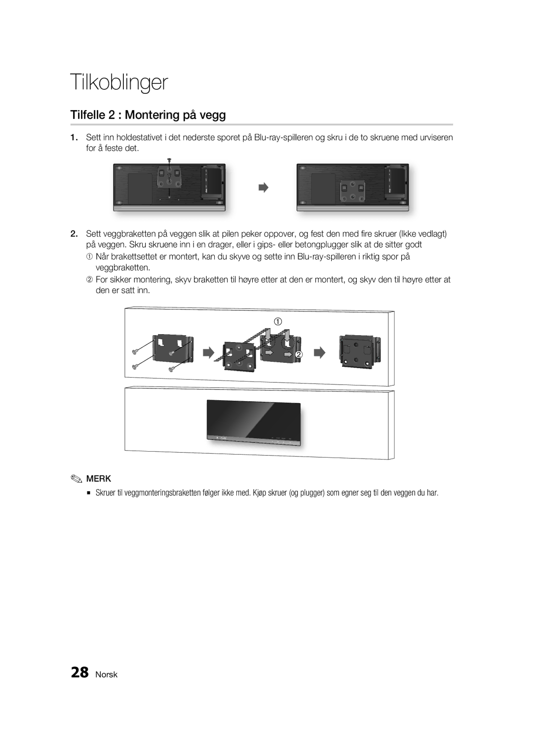 Samsung BD-C7500W/XEE manual Tilfelle 2 Montering på vegg 