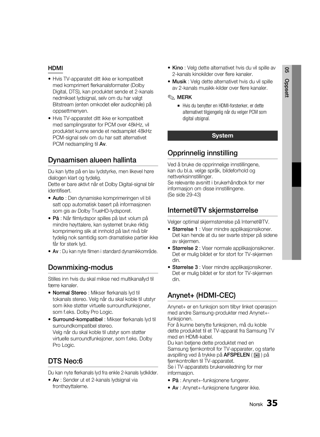 Samsung BD-C7500W/XEE Dynaamisen alueen hallinta, Downmixing-modus, Opprinnelig innstilling, Internet@TV skjermstørrelse 