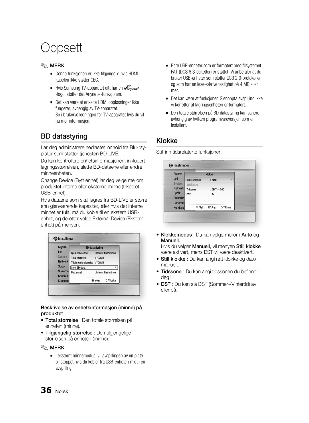 Samsung BD-C7500W/XEE manual BD datastyring, Klokke, Still inn tidsrelaterte funksjoner 