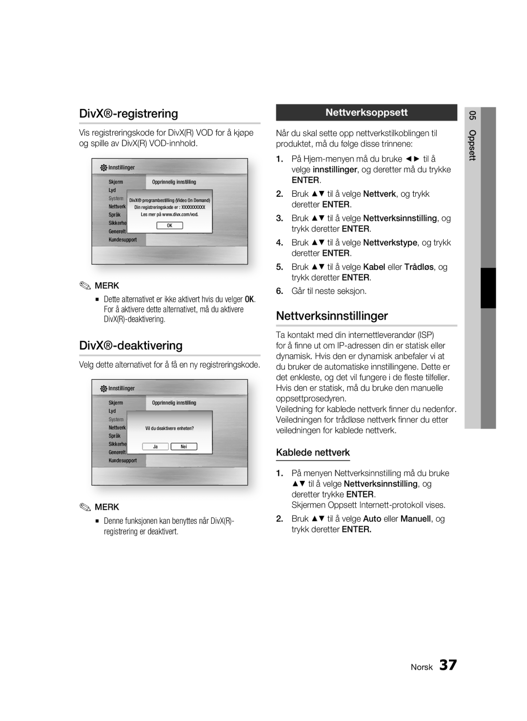 Samsung BD-C7500W/XEE manual DivX-registrering, Nettverksinnstillinger, Nettverksoppsett, Kablede nettverk 
