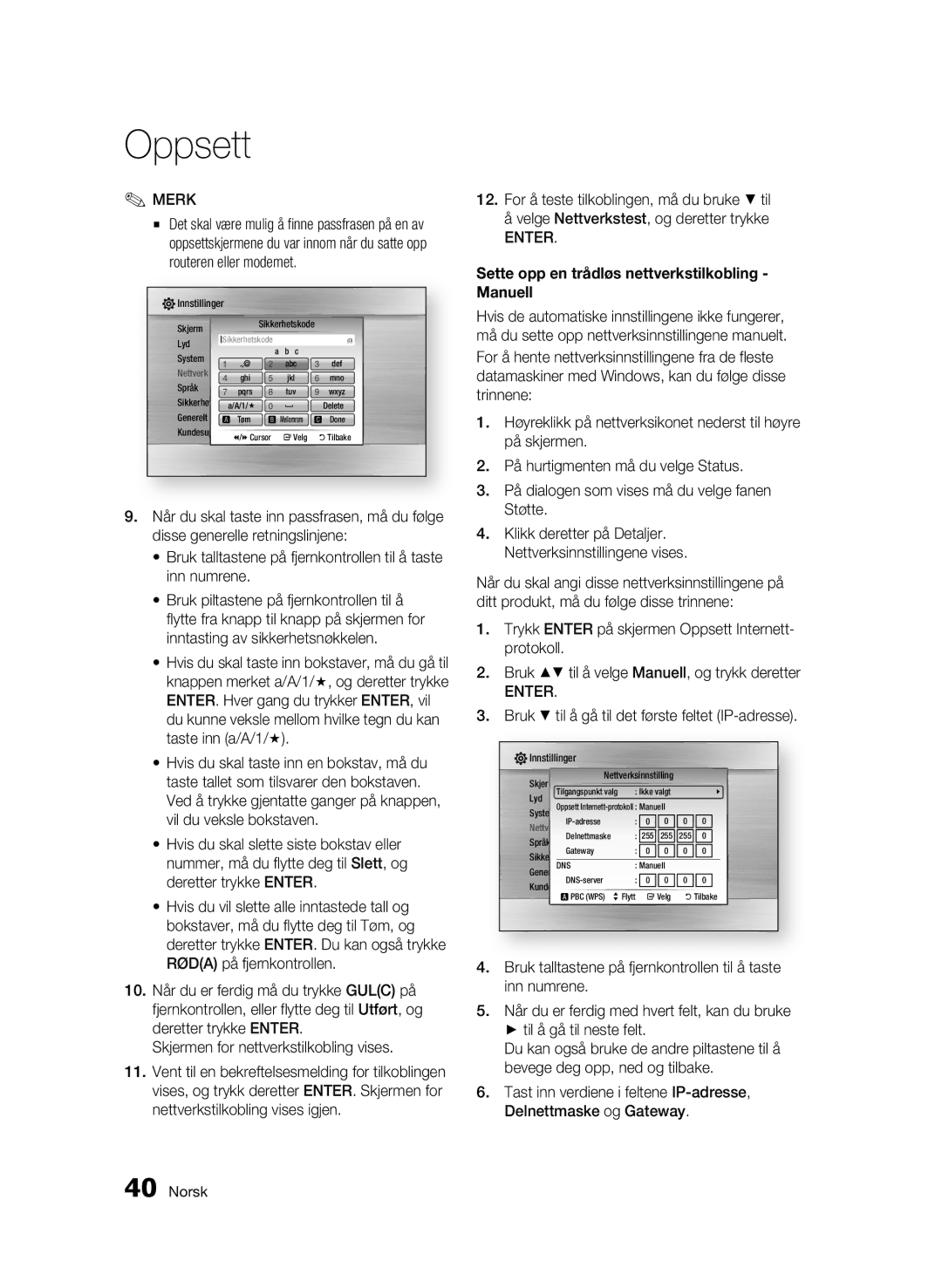 Samsung BD-C7500W/XEE manual Sette opp en trådløs nettverkstilkobling Manuell 