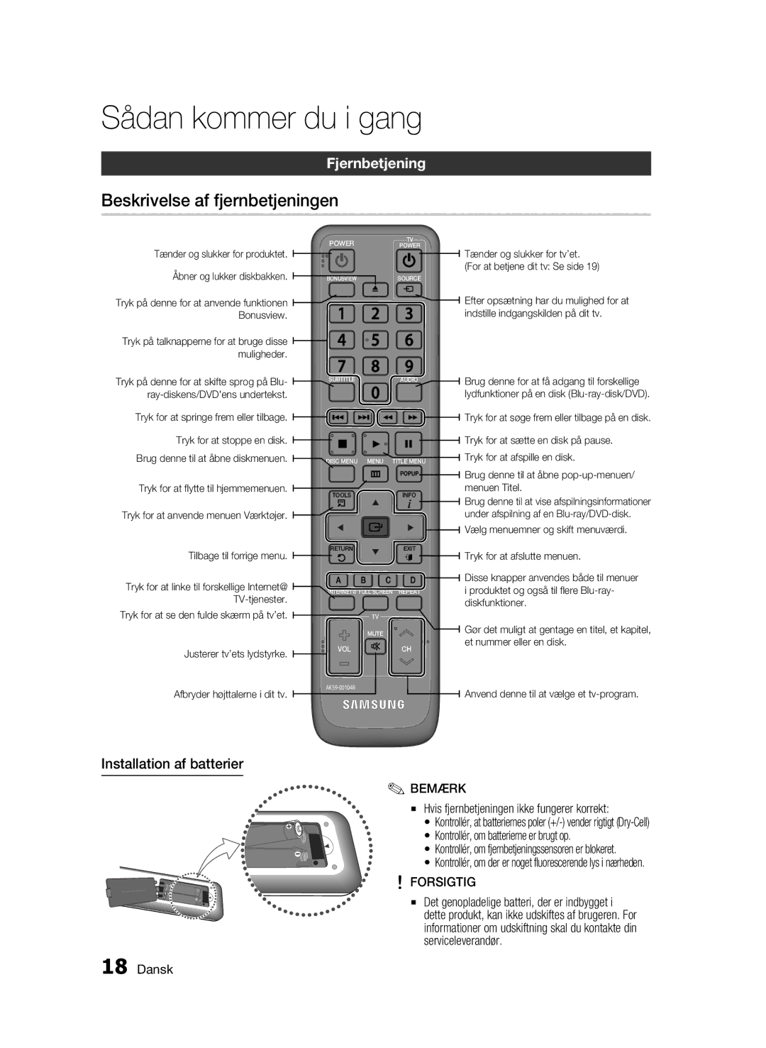 Samsung BD-C7500W/XEE manual Beskrivelse af fjernbetjeningen, Fjernbetjening, Installation af batterier 