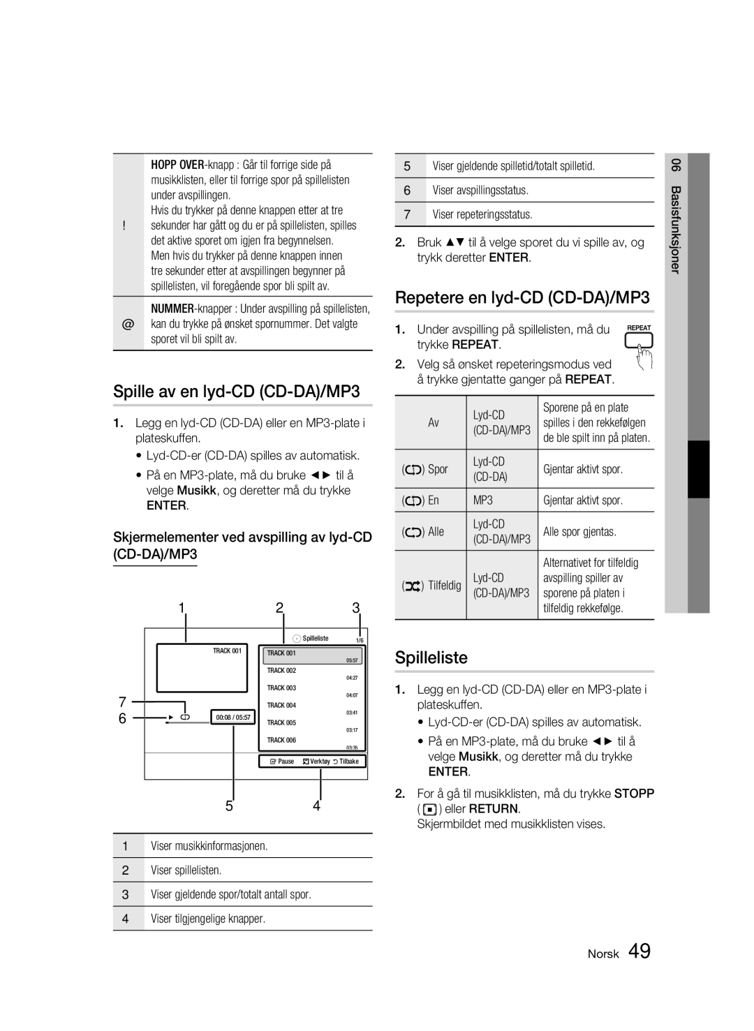 Samsung BD-C7500W/XEE manual Spille av en lyd-CD CD-DA/MP3, Repetere en lyd-CD CD-DA/MP3, Spilleliste 