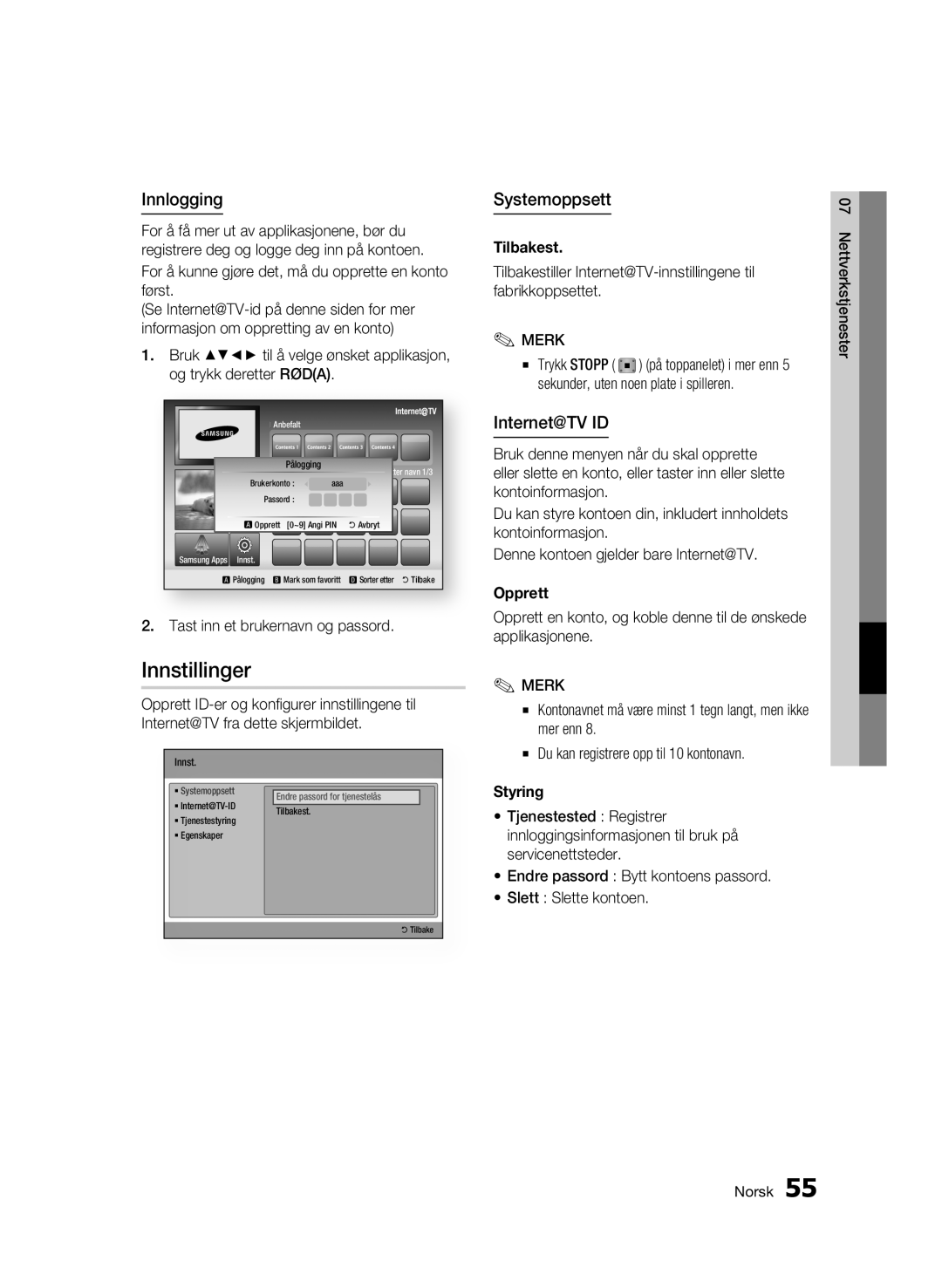 Samsung BD-C7500W/XEE manual Innstillinger, Innlogging, Systemoppsett, Internet@TV ID 