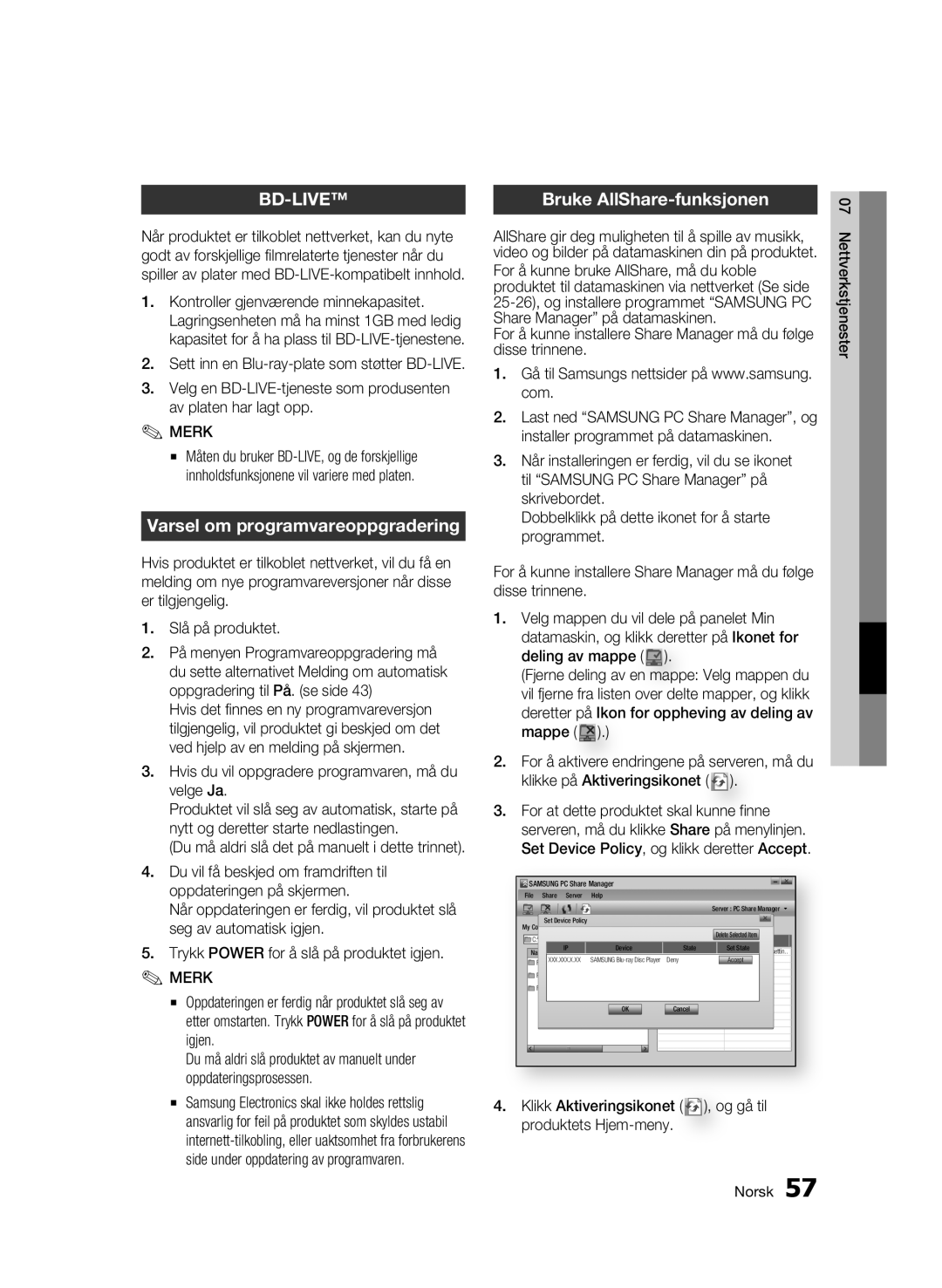 Samsung BD-C7500W/XEE manual Varsel om programvareoppgradering, Bruke AllShare-funksjonen, Slå på produktet 